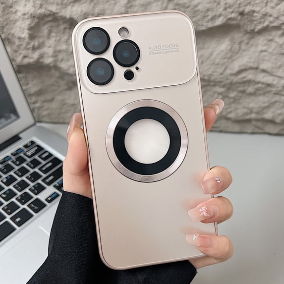 Magnetic for iPhone 15 Pro Case, Compatible with MagSafe, Camera Lens Protection, Logo View, Ultra Slim Military Grade Drop Proof Glossy Hard PC Phone Case Cover for iPhone 15 Pro, Gold