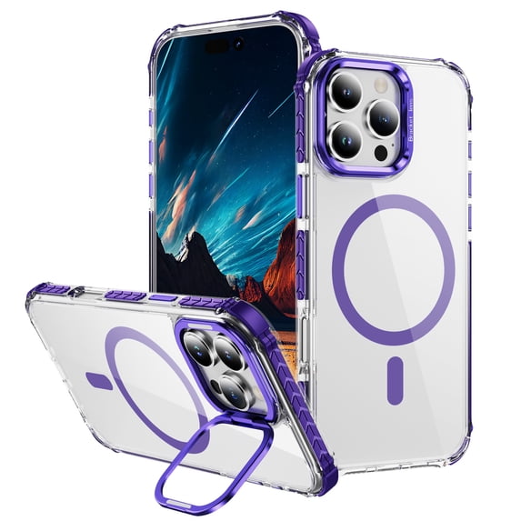 Magnetic for iPhone 15 Pro Case, Compatible with MagSafe, with Camera Lens Stand, Matte Skin Feeling Case, Military-Grade Drop Proof Transparent Slim Shockproof Phone Case Cover, Purple