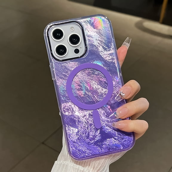 Magnetic for iPhone 15 Pro Case with Glitter Laser Back [Compatible with MagSafe], Thin Rugged Slim Women Men Girl Shockproof Dazzling Ripple Pattern Design Case, Purple