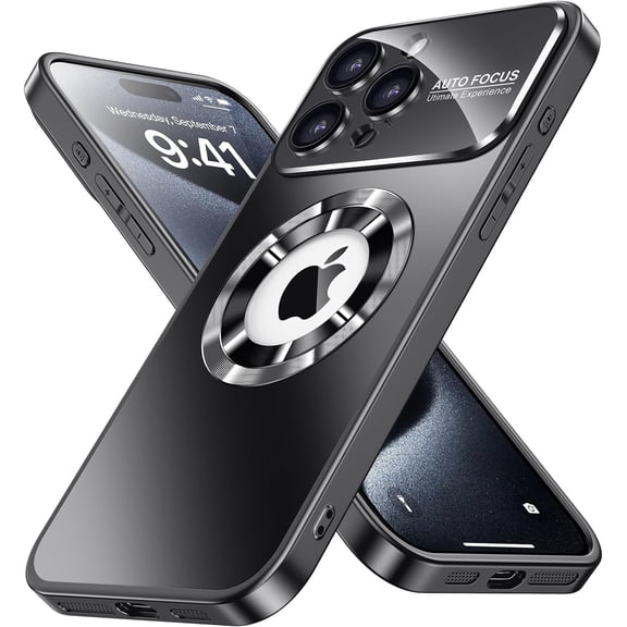 Magnetic for iPhone 15 Pro Case Magsafe with Full Camera Cover Lens Protector Logo View Scratch Resistant Frosted Slim Shockproof Protective Phone Case (Titanium Black)