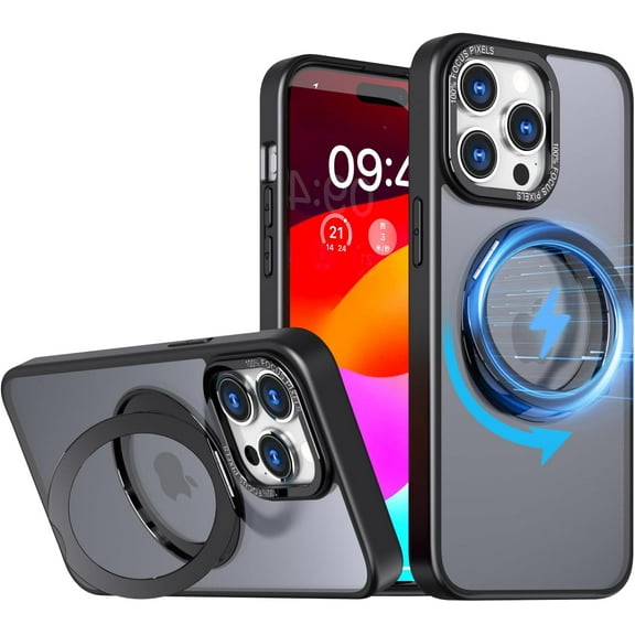 Magnetic for iPhone 15 Pro Max Case Compatible with MagSafe with 360°Rotatable Ring Stand & Holder, Military Grade Shockproof Translucent Back Phone Case for iPhone 15 Pro Max 2023, Matt Black