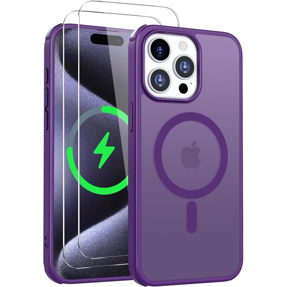 Magnetic for iPhone 15 Pro Max Case [Compatible with MagSafe]with 2X Screen Protector, Military-Grade Slim Shockproof Phone Cover Translucent Matte Anti-Fingerprint Anti-Scratch,6.7 inch,Purple