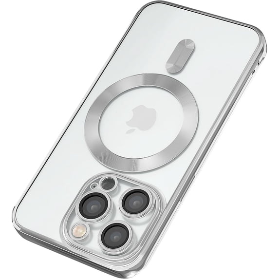 Magnetic for iPhone 15 Pro Max Case,Electroplated Clear Slim iPhone 15 Pro Max Phone Case with Camera Protection,Shockproof iPhone 15 Pro Max Case Cover Compatible with MagSafe, Silver Edge