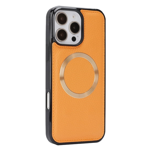 Magnetic For iPhone 15 Pro Max Phone Case,Compatible With Wireless Charging,Lychee Pattern PU Leather Back,Shockproof PC + TPU Hybrid Anti-fall Drop Protection,Rugged Thin Phone Case,Orange