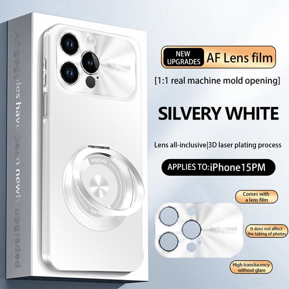 Magnetic For iPhone 15 Pro Max Phone Case,With 360° Rotatable Ring Kickstand,Glossy Lens Protection,Ultra Slim Shockproof Anti-Scratch Protection Rugged Thin Fit Phone Case Cover,White