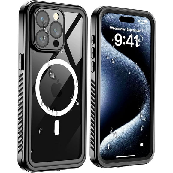 Magnetic for iPhone 15 Pro Max Waterproof Case,[Built-in Screen Protector][IP68 Underwater][15FT Military Dropproof][Compatible with MagSafe] Full Body Shockproof Phone Case-Black/Clear