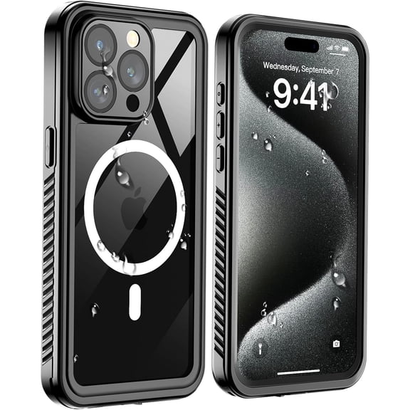 Magnetic for iPhone 15 Pro Waterproof Case,[Built-in Screen Protector][IP68 Underwater][15FT Military Dropproof][Compatible with MagSafe] Full Body Heavy Duty Shockproof Phone Case-Black/Clear