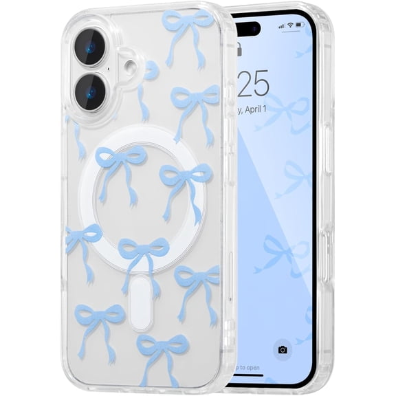 Magnetic for iPhone 16 Case, Bow Case Compatible with MagSafe, Wireless Slim Clear Ribbon Aesthetic Phone Cover Anti-Yellowing Shockproof Protective Cover for Women Girl - Baby Blue