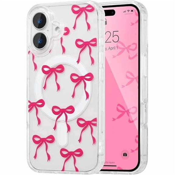 Magnetic for iPhone 16 Case, Bow Case Compatible with MagSafe, Wireless Slim Clear Ribbon Aesthetic Phone Cover Anti-Yellowing Shockproof Protective Cover for Women Girl - Hot Pink