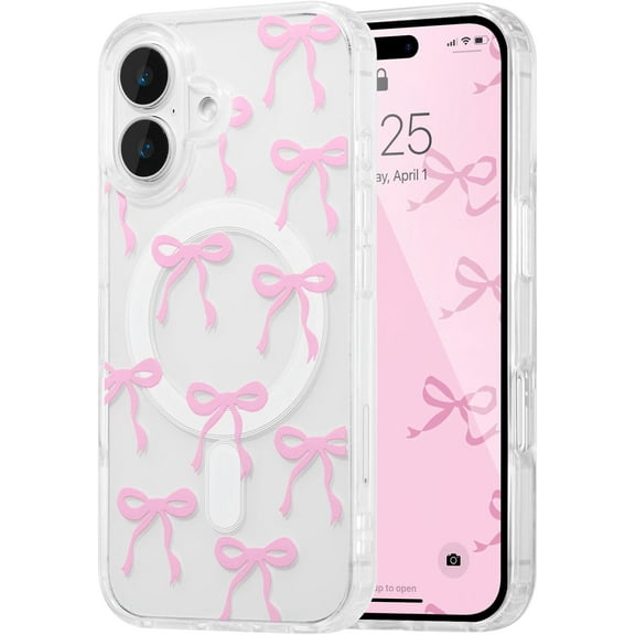 Magnetic for iPhone 16 Case, Bow Case Compatible with MagSafe, Wireless Slim Clear Ribbon Aesthetic Phone Cover Anti-Yellowing Shockproof Protective Cover for Women Girl - Baby Blue