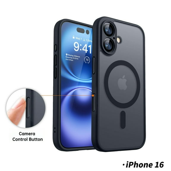 Magnetic for iPhone 16 Case with Camera Capture Button, Upgraded Full Camera Protection, Compatible with Magsafe, Drop Protection, Translucent Matte Back Bumper Phone Cover 6.1-Inch(Black)