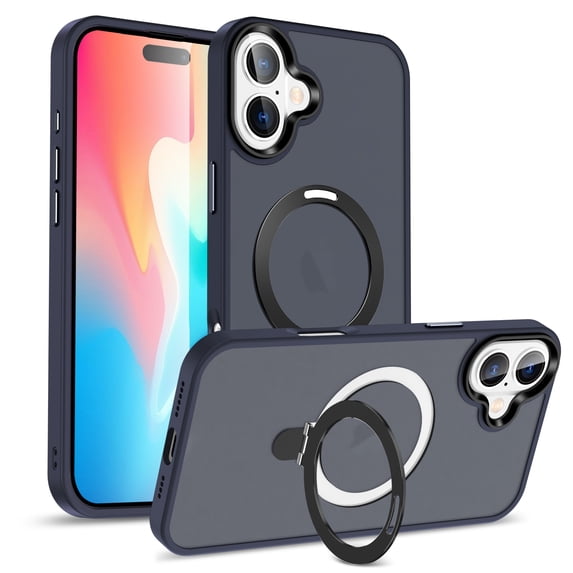 Magnetic for iPhone 16 Case, Compatible for Mag-Safe Charging with Kickstand Ring Holder, Military-Grade Shockproof Protection Translucent Back for iPhone 16 Phone Case, Grayblue