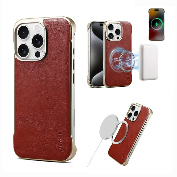 Magnetic for iPhone 16 Case [Compatible with Mag-Safe & Magnetic Car Mount Support] Non-Slip Frameless PU Leather Hard PC Slim Shockproof Phone Cover Case for iPhone 16, Red