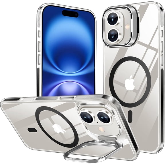 Magnetic for iPhone 16 Case, Compatible with MagSafe, Military-Grade Shockproof Protective Case, Built-in Stash Stand Phone Case, Scratch-Resistant Back Cover, Crystal Clear,6.1inch