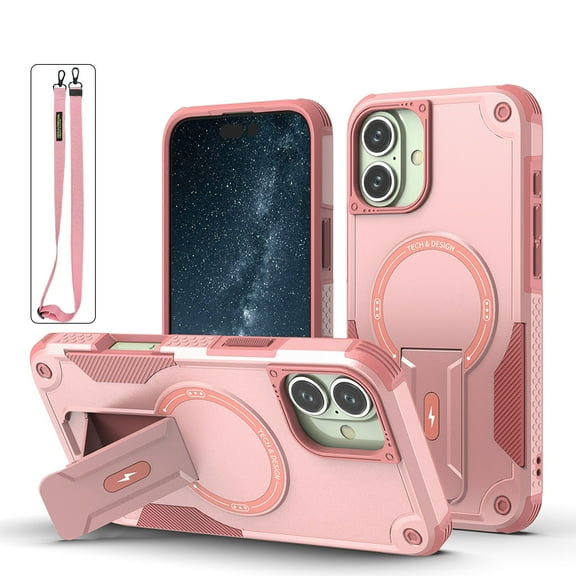Magnetic for iPhone 16 Case with Crossbody Strap, [Compatible with MagSafe] Built-in Kickstand. Rugged Protection Heavy Duty Shockproof Phone Case for iPhone 16,Pink