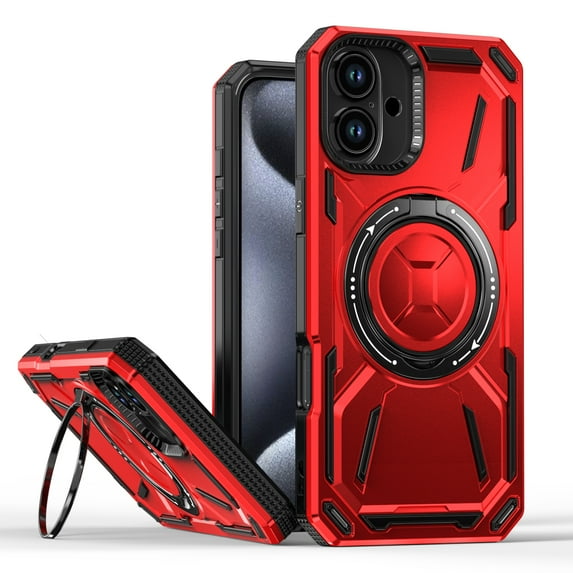 Magnetic for iPhone 16 Case with Stand, Compatible with Mag-Safe Charging, Shockproof Protective Cover Rugged Phone Case, Built-in Rotatable Ring Holder Kickstand for iPhone 16, Red