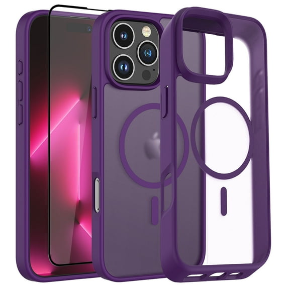 Magnetic for iPhone 16 Case with Tempered Glass Screen Protector, Compatible with MagSafe Military Grade Drop Protection Shockproof Phone Case Rugged Cover for iPhone 16 - Purple