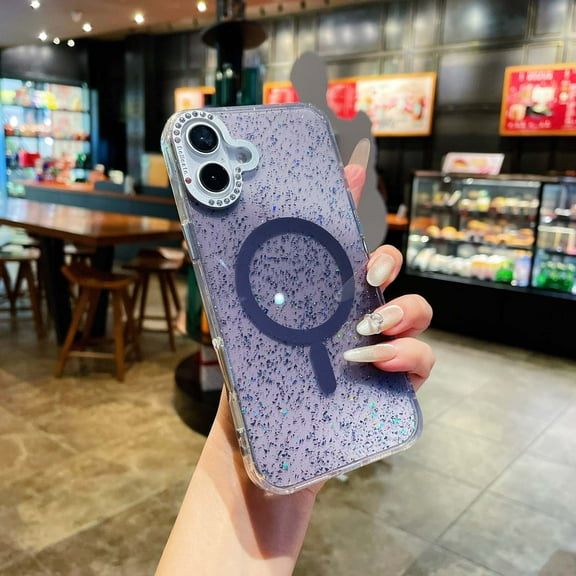 Magnetic for iPhone 16 Case Transparent Glitter [Compatible with Mag-Safe] Diamond-set Around Camera Bling Sequin Sparkle Anti-fall Shockproof Protective Rugged Phone Cover Case,Black