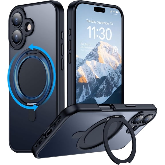 Magnetic for iPhone 16 Case,[with 360°Rotatable Invisible Magnetic O-Ring Stand][Compatible with MagSafe][Military Grade Shockproof] Slim Translucent Matte Phone Case for iPhone 16 6.1"
