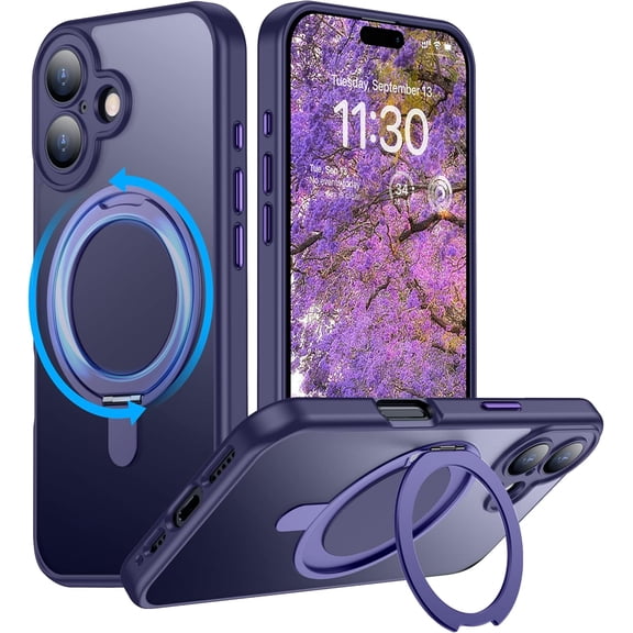 Magnetic for iPhone 16 Case,[with 360°Rotatable Invisible Magnetic O-Ring Stand][Compatible with MagSafe][Military Grade Shockproof] Slim Translucent Matte Phone Case for iPhone 16 6.1"