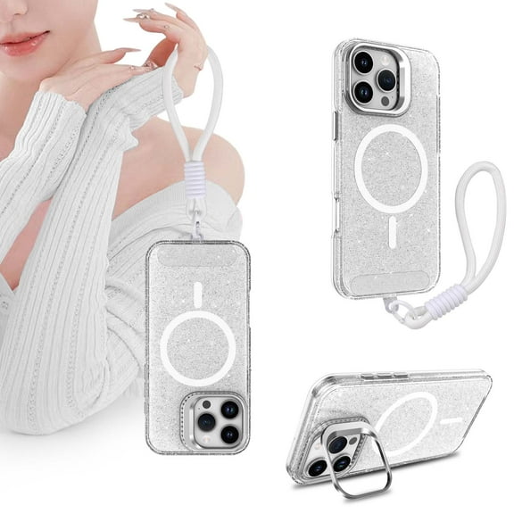 Magnetic For iPhone 16 Magnetic Phone Case,With Invisible Lens Ring kickstand,Compatible with Mag-Safe,With Wrist Strap,Glitter Transparent Back,Shockproof Durable Phone Case,White