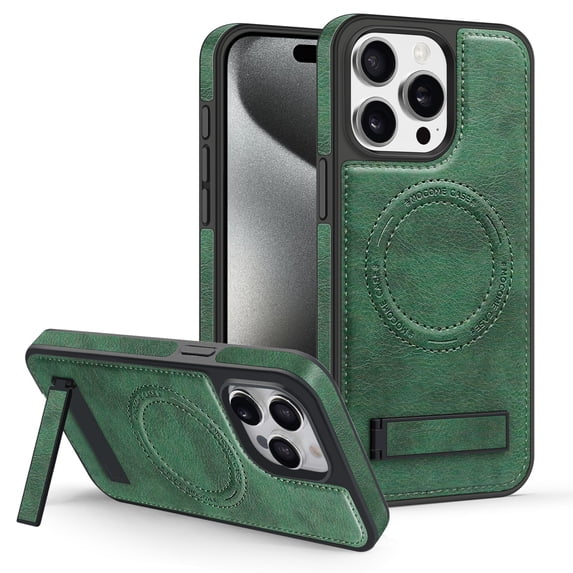 Magnetic for iPhone 16 PU Leather Case, Compatible with Magsafe, Built-in Invisible Stand, Premium Ultra Slim Adjustable Kickstand Protective Phone Case for iPhone 16,Darkgreen