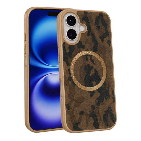 Magnetic For iPhone 16 Phone Case,Camouflage Pattern PU Leather Back Design,Compatible with Mag-Safe,Anti-Scratch Shockproof Anti-fall Drop Protection,Ultra Slim Phone Case,Brown