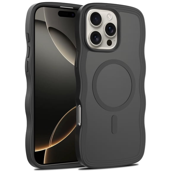 Magnetic For iPhone 16 Phone Case,Compatible with Mag-Safe,Wavy Frame Cute Design,For Women Men,Shockproof Protective Anti-fall Rugged Frosted Translucent Slim Phone Case,Black