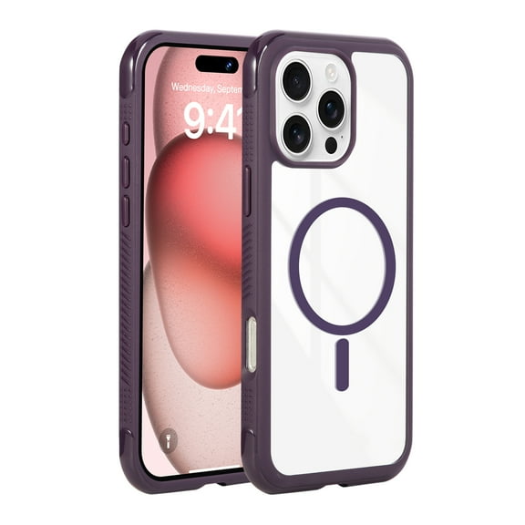 Magnetic For iPhone 16 Phone Case,Compatible with Mag-safe,Crystal Clear Back Design,Ultra Slim Shockproof Anti-Drop Protection Rugged Thin Fit Transparent Phone Case,Darkpurple