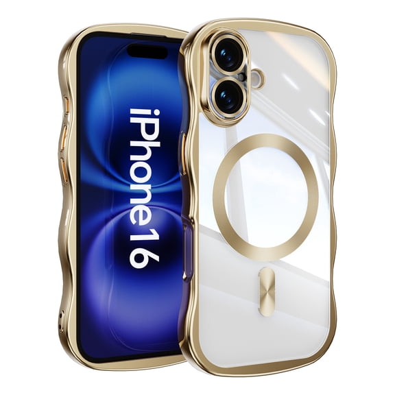 Magnetic For iPhone 16 Phone Case,Cute Wavy Frame,Compatible with Mag-safe,Ultra Slim Shockproof Anti-fall Protection,Rugged Durable Electroplated Bumper Thin Phone Case,Gold