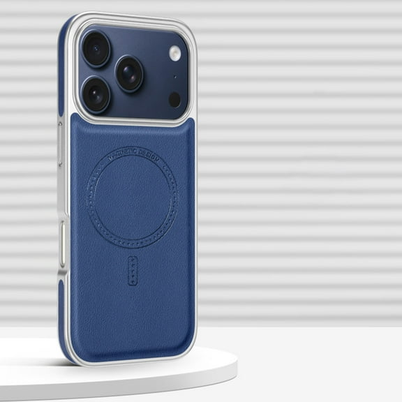 Magnetic For iPhone 16 Phone Case,Ultra Slim Anti-Scratch PU Leather Back,Compatible with Mag-Safe,Anti-fall Shockproof Protection Electroplated Bumper Rugged Phone Case,Blue