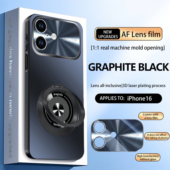 Magnetic For iPhone 16 Phone Case,With 360° Rotatable Ring Kickstand,Glossy Lens Protection,Ultra Slim Shockproof Anti-Scratch Protection Rugged Thin Fit Phone Case Cover,Black