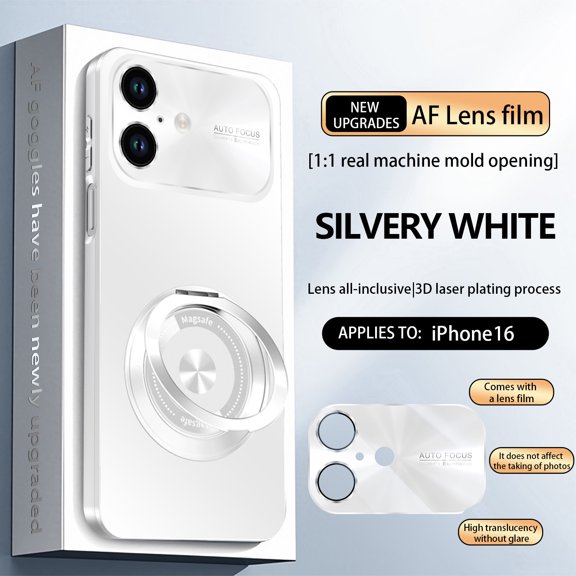 Magnetic For iPhone 16 Phone Case,With 360° Rotatable Ring Kickstand,Glossy Lens Protection,Ultra Slim Shockproof Anti-Scratch Protection Rugged Thin Fit Phone Case Cover,White