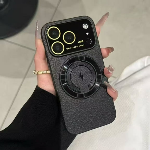 Magnetic For iPhone 16 Phone Case,With Contractile Ring Kickstand,Built-in Lens Protector,Anti-Scratch PU Leather Back,Compatible with Mag-Safe,Ultra Slim Shockproof Phone Case,Black