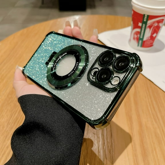 Magnetic For iPhone 16 Phone Case,With Contractile Ring Kickstand,Compatible with Mag-Safe,Luxury Bling Gradient Glitter Back,Logo View,With Lens Protector,Anti-fall Phone Case,Darkgreen