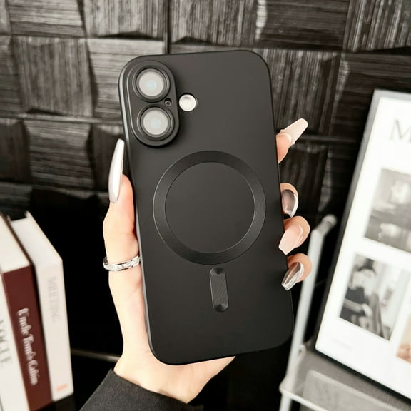 Magnetic for iPhone 16 Plus Case, [Compatible with MagSafe] [Built-in Camera Lens Protector] Ultra Slim TPU Bumper Shockproof Metallic Paint Anti-Fingerprint Hard PC Phone Case - Black