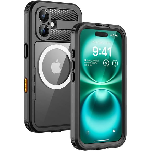 Magnetic for iPhone 16 Plus Case, IP68 Waterproof Dustproof Case, [Compatible with Magsafe] [Built-in Screen Protector] Full Body Heavy Duty Rugged Phone Cover 6.7 inch, Black/Clear