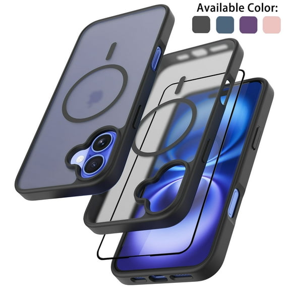 Magnetic for iPhone 16 Plus Case with Tempered Glass Screen Protector, Compatible with MagSafe Military Grade Drop Protection Shockproof Phone Case Rugged Cover for iPhone 16 Plus - Black