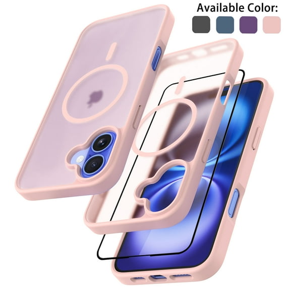 Magnetic for iPhone 16 Plus Case with Tempered Glass Screen Protector, Compatible with MagSafe Military Grade Drop Protection Shockproof Phone Case Rugged Cover for iPhone 16 Plus - Pink