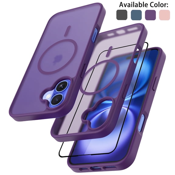 Magnetic for iPhone 16 Plus Case with Tempered Glass Screen Protector, Compatible with MagSafe Military Grade Drop Protection Shockproof Phone Case Rugged Cover for iPhone 16 Plus - Purple