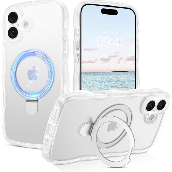 Magnetic for iPhone 16 Plus Case, Wavy Curly iPhone 16 Plus Phone Case with Ring Stand [Compatible with MagSafe] Translucent Matte Shockproof Protective Cover for 16 Plus 6.7'', White
