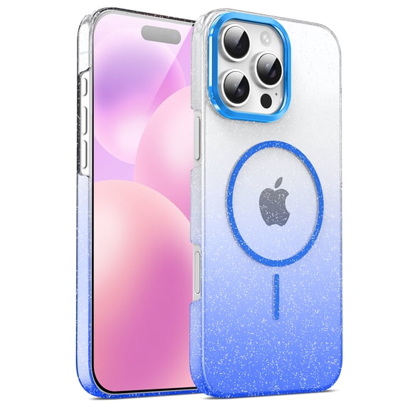 Magnetic For iPhone 16 Plus Phone Case,Luxury Bling Sparkly Gradual Transparent Glitter Design,Compatible with Mag-safe,Women Girl Shockproof Anti-fall Thin Fit Rugged Phone Case,Blue