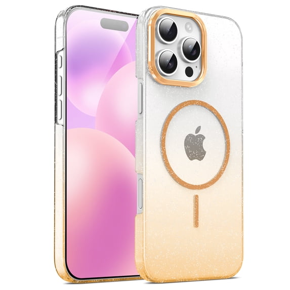 Magnetic For iPhone 16 Plus Phone Case,Luxury Bling Sparkly Gradual Transparent Glitter Design,Compatible with Mag-safe,Women Girl Shockproof Anti-fall Thin Fit Rugged Phone Case,Gold