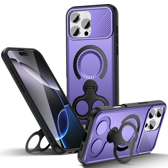 Magnetic For iPhone 16 Plus Phone Case,With 360° Rotatable Double Ring Kickstand,Wireless Charging Compatible,Heavy Duty Shockproof Protection Anti-fall Durable Rugged Phone Case,Purple