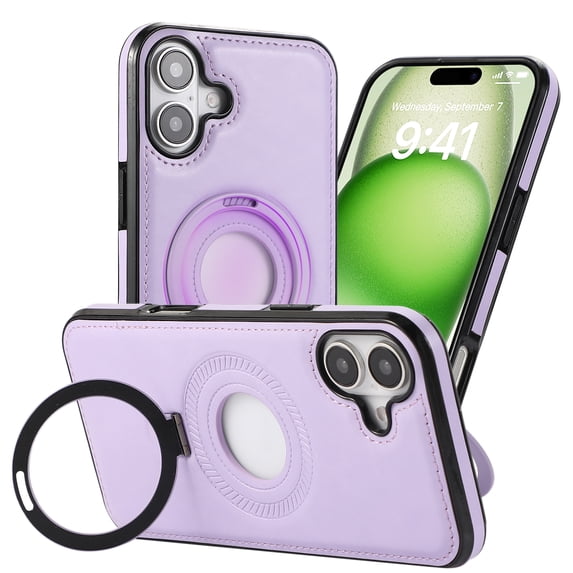 Magnetic for iPhone 16 Plus Vintage PU Leather Case, Business Invisible Stand [Compatible with Magsafe] Wireless Charging Ultra Slim Kickstand Phone Case Cover for iPhone 16 Plus, Purple