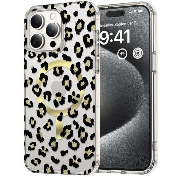 Magnetic for iPhone 16 Pro Case MagSafe Compatible 16 Pro Case Shockproof Phone Case for iPhone 16 Pro 6.3 inch Black Leopard Print Clear Glitter Sparkly Cover
