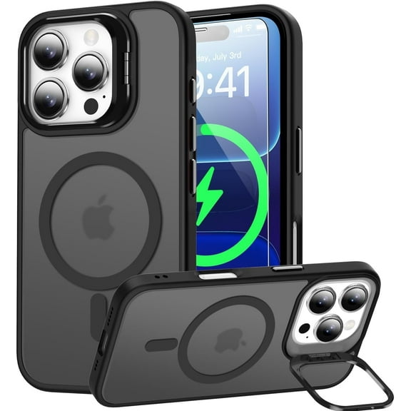 Magnetic for iPhone 16 Pro Case, Built-in Camera Kickstand, Compatible with Magsafe Wireless Charging, Translucent Matte Protective Cover -Black