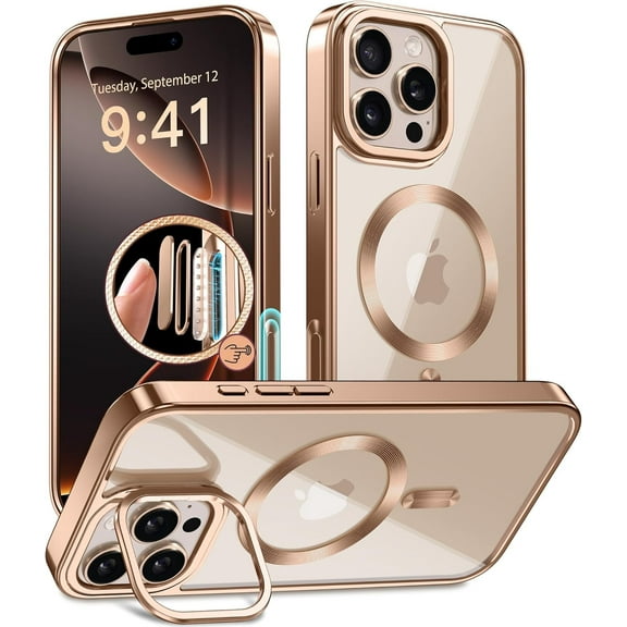 Magnetic for iPhone 16 Pro Case with Stand, [Compatible with MagSafe], [Camera Control Capture Button], [16FT Military-Grade Protection], Shockproof Slim Phone Case 6.3 Inch,Rose Gold