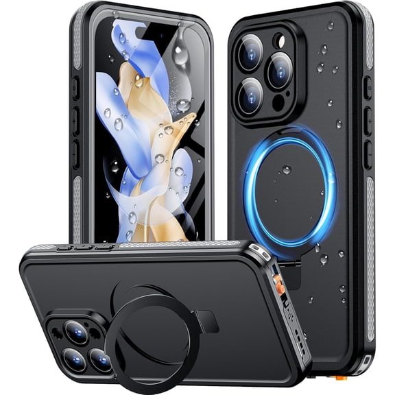 Magnetic for iPhone 16 Pro Case Waterproof, [Built-in Ring Invisible Stand & Screen Protector][IP68 Underwater][Dropproof][Dustproof][Real 360] Shockproof Protective Phone Case 6.3'' -Grey