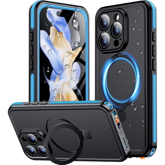 Magnetic for iPhone 16 Pro Case Waterproof, [Built-in Ring Invisible Stand & Screen Protector][IP68 Underwater][Dropproof][Dustproof][Real 360] Shockproof Protective Phone Case 6.3'' -Blue